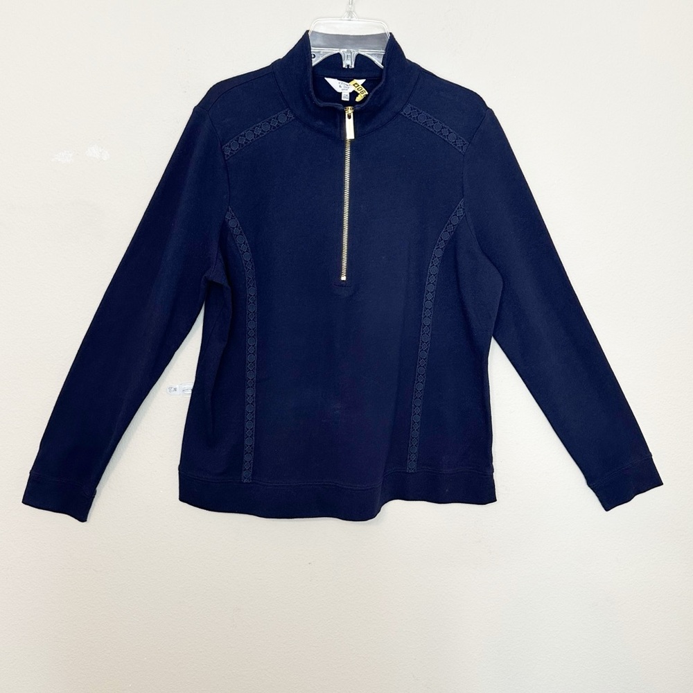 Crown & Ivy Quarter Zipper Navy Blue Pullover Top with Lace Detail - size PM